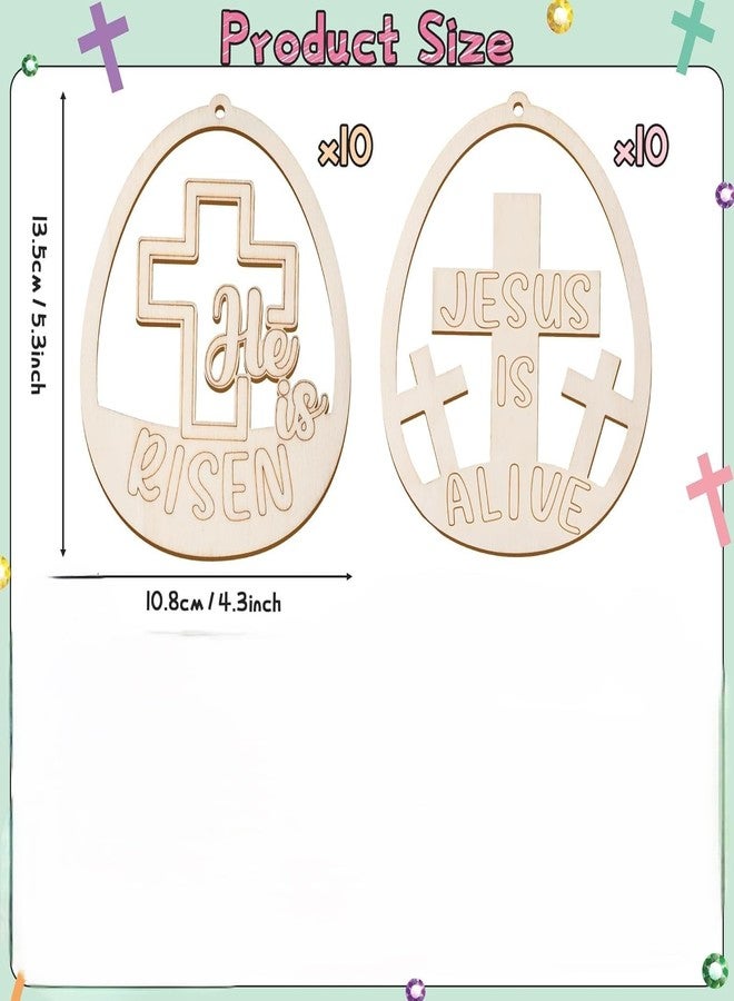 Cliths 20Pcs Easter Wooden Egg Ornaments for Painting Kids DIY Craft Kit He is Risen Jesus is Alive Christian Religious Easter Decorations with Gem Stickers (13.5cm x 10.8cm) - Image 2
